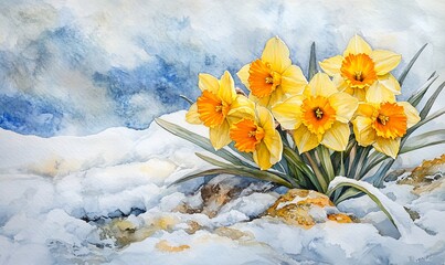 Daffodils blooming in snowy landscape, spring arrival