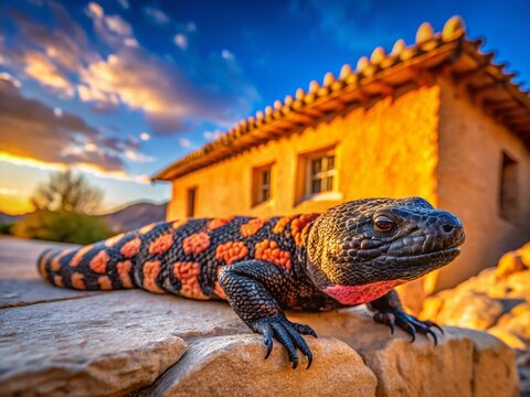 Gila Monster in Southwestern Desert Architecture Background - Stock Photo