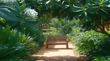 Serene Garden Path with Wooden Bench Peaceful Oasis