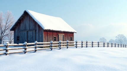 Rustic Winter Barn Scene Snow-Covered Structure and Wooden Fence in a Peaceful Landscape