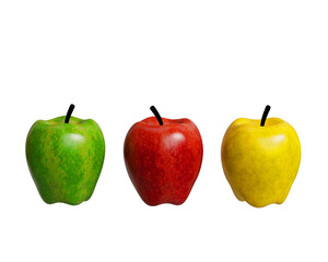 Green, red and yellow apples set isolated on white. Image 3D rendering.