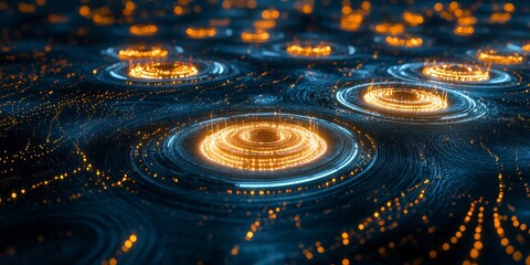 Abstract glowing rings on dark surface.