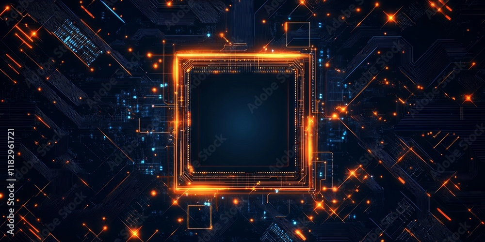 Poster glowing orange cpu on dark circuit board.