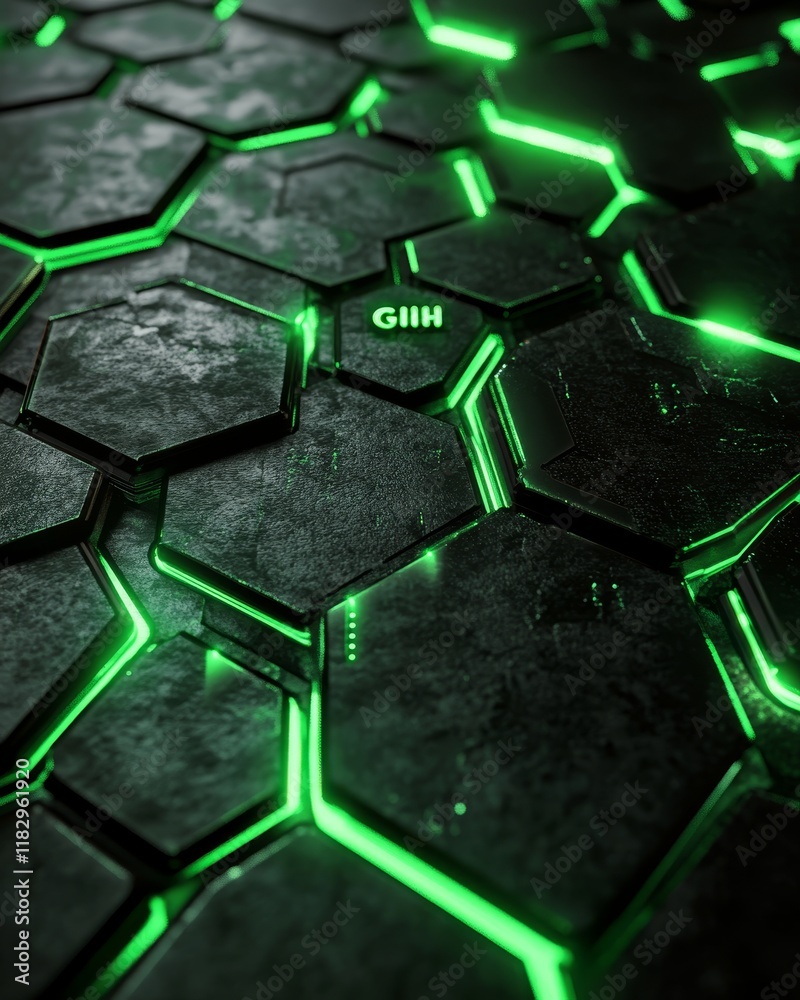 Aufkleber glowing green lines on dark hexagonal texture.