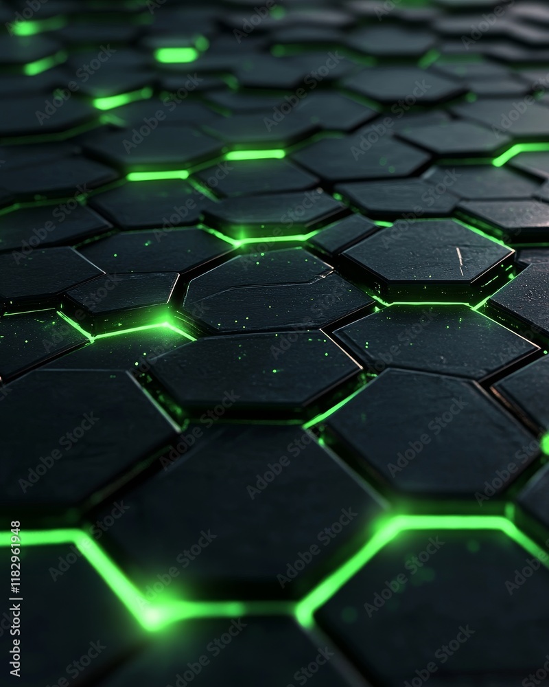 Aufkleber abstract dark hexagon pattern with green neon lights.