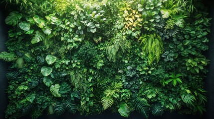 Fototapeta premium Vertical Garden Living Wall with Tropical Green Plants and Lush Foliage Background
