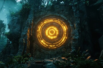 Enigmatic Ancient Ruins with Glowing Cosmic Symbol Surrounded by Lush Greenery