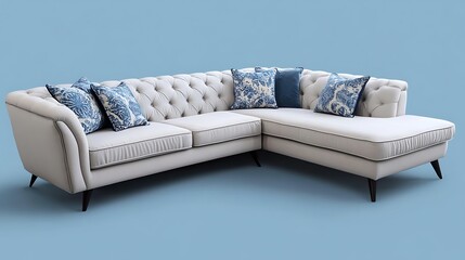 Luxurious L shaped sofa in soft neutral tones on blue background