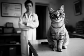 Black and White photo of Tabby cat sitting on exam table, with veterinarian in background, copy space