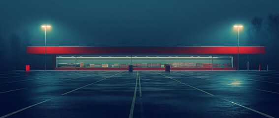 Night store parking lot, misty, empty, dark.  Website banner