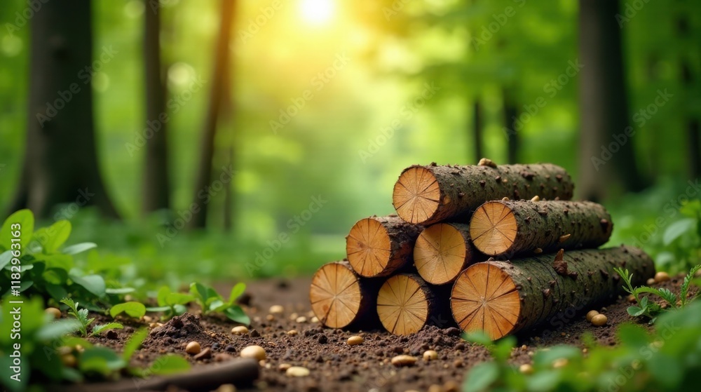 Poster serene forest scene stack of logs in sunlight