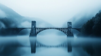 Obraz premium Misty bridge over calm river, mountains in fog