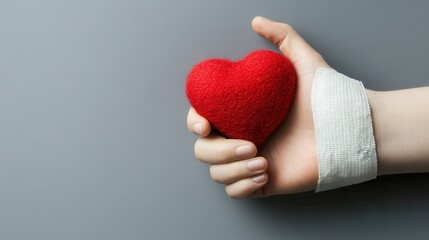 Fototapeta premium close up of blood donor arm with bandage and red heart with thumbs up gesture on grey background, blood donation concept with copy space