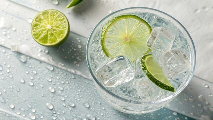 Overhead shot of a glass of sparkling water with a lime slice and ice cubes.