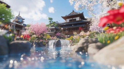 Naklejka premium Serene Japanese Garden Waterfall and Temples