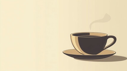 A steaming cup of coffee sits on a saucer against a beige background.