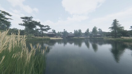 Obraz premium Serene Japanese Pond Village Landscape Reflection