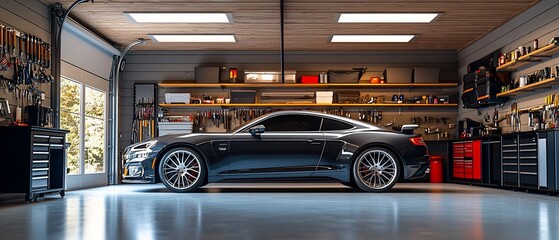 Obraz premium Sleek sports car in well-organized garage. Home workshop background. Auto sale use
