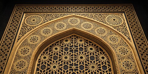 Obraz premium Ornate geometric arabesque design with intricate golden patterns on architectural frame