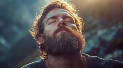 A man with a long beard and closed eyes, basking in the warm sunlight.
