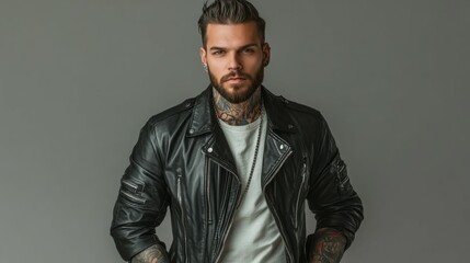 Obraz premium A young man with tattoos poses in a black leather jacket against a gray background.