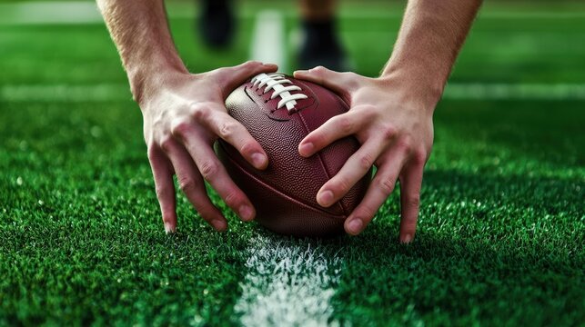 Close Up of Hands Preparing to Snap a Football on Green Turf Field