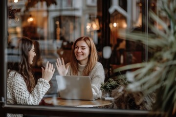 Two women sitting at a table with a laptop in front of them