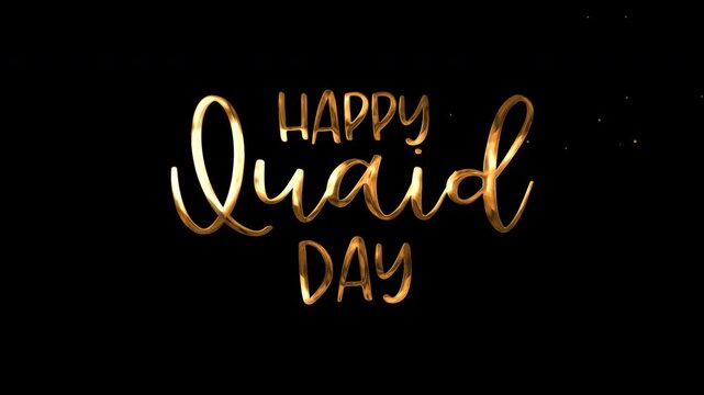 Animated  lettering Happy Quaid Day proclamation with scattered specks; ideal for Quaid Day greeting cards, social media posts, or invitations.