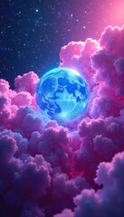 Obraz premium Blue glowing orb amidst swirling clouds of pink and purple gas, pink, astral, glow
