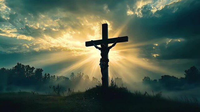 Silhouette of cross against dramatic sky filled with clouds, embodying light of hope and sacrifice of Jesus.