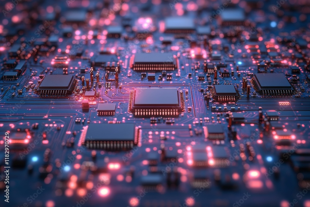 Poster abstract close-up of an advanced circuit board with glowing microchips and colorful led lights in a 