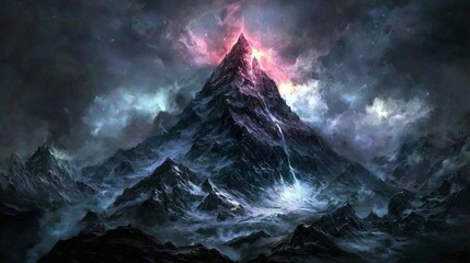 Majestic Mountain Peak Surrounded by Ethereal Clouds and Cosmic Light in a Dramatic Night Sky