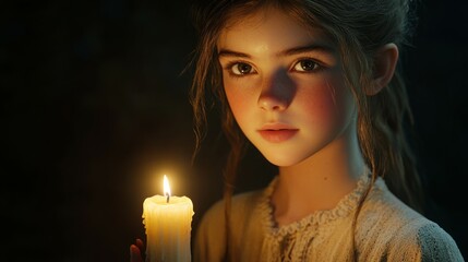 Young girl holds a flickering candle, creating a warm, mysterious glow in the dark.