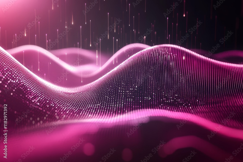 Poster abstract digital landscape with flowing waves and shimmering particles in shades of pink, creating a