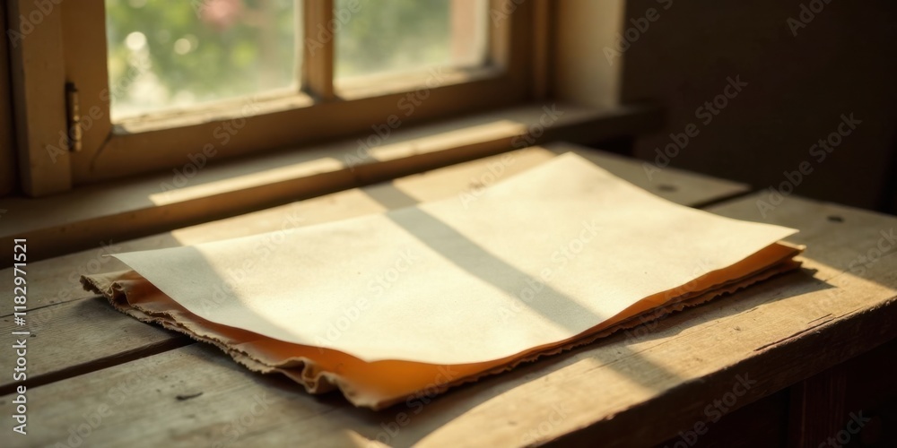 Aufkleber sunlit blank paper on rustic wooden surface near window