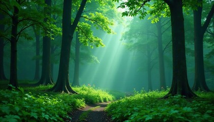 Obraz premium Lush green forest with tall trees and a misty atmosphere, serenity, calm, trees
