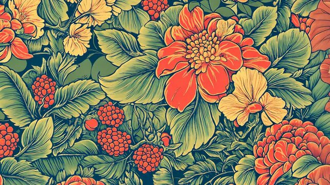 Vibrant floral pattern featuring diverse blossoms and lush greenery in intricate design