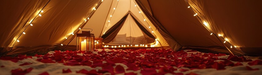 Cozy glamping tent adorned with rose petals and warm fairy lights for romantic ambiance.