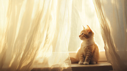 Kitten sunbathes on windowsill, curtains glowing, peaceful morning scene, pet image
