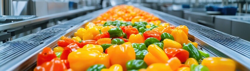 A vibrant display of assorted bell peppers moving along a conveyor belt in a food processing facility.