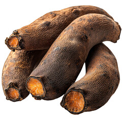 Obraz premium Four dark, wrinkled tubers resembling yams or sweet potatoes, showcasing their earthy texture.
