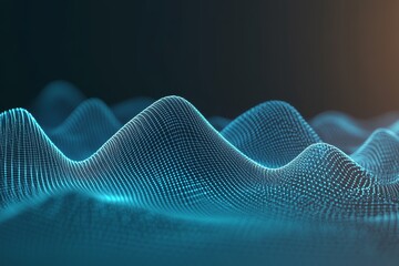 Abstract representation of a digital landscape with glowing grid waves and blue neon lights creating a futuristic three-dimensional effect in dark background