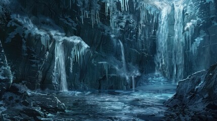 Frozen Waterfall in a Glacial Canyon