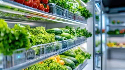 Fresh vegetables and herbs are neatly displayed on shelves in a well-lit grocery store, showcasing vibrant colors and healthy options.