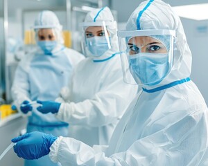 Medical professionals in protective gear working in a lab environment, showcasing safety and dedication during health-related tasks.
