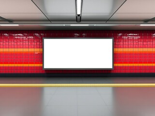 3D rendering of a panoramic billboard on an underground subway wall, showcasing a mockup hoarding advertising at a train station, subway, hoarding, panoramic