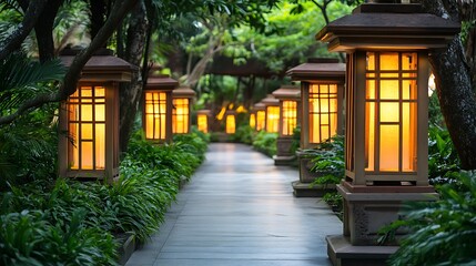 Pathway lined with glowing garden lanterns