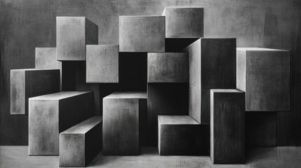 Abstract Monochromatic Composition: Interlocking Cubes in Shades of Grey