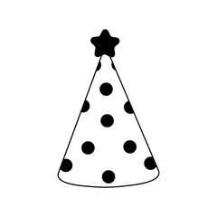 Simple black and white party hat with polka dots and a star on top