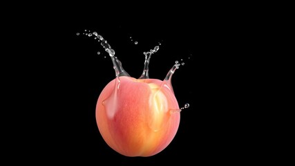 Peaches falling into water creating a splash on black background, fruit, peach, black background